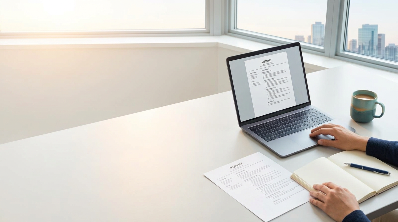 Beruflichen Neustart vorbereiten: Lebenslauf am Laptop, Notizbuch und Bewerbungsunterlagen an einem hellen Arbeitsplatz